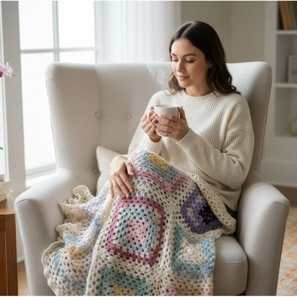 Handmade Crochet Granny Square Throw Blanket Cream Pastel Vintage Nursery Cozy